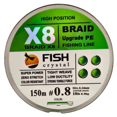 Плетёный шнур из 8-х нитей, FISH CRYSTAL NEON GREEN, # 0.8. Ø 0.14мм, 150м, 8.0кг