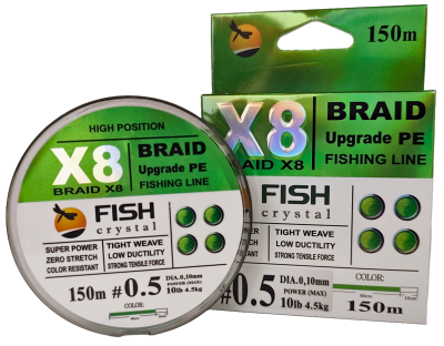 Плетёный шнур из 8-х нитей, FISH CRYSTAL NEON GREEN, # 0.5. Ø 0.10мм, 150м, 4,5кг