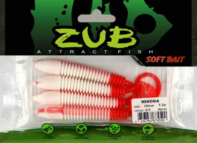 Приманка ZUB-MINOGA 100мм(4")-4шт, (цвет 010) белое тело-красный хвост