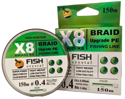 Плетёный шнур из 8-х нитей, FISH CRYSTAL NEON GREEN, # 0.4. Ø 0.08мм, 150м, 3,6кг