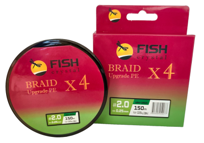 Плетёный шнур из 4-х нитей, FISH CRYSTAL зелёный, 0.25мм, 150м, 13,5кг Плетёный шнур из 4-х нитей, FISH CRYSTAL зелёный, 0.25мм, 150м, 13,5кг