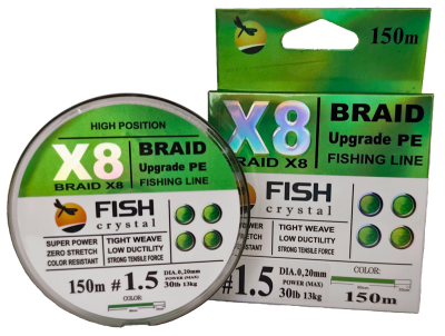 Плетёный шнур из 8-х нитей, FISH CRYSTAL NEON GREEN, # 1.5. Ø 0.20мм, 150м, 13,0кг