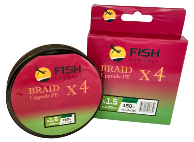 Плетёный шнур из 4-х нитей, FISH CRYSTAL зелёный, 0.20мм, 150м, 11,5кг Плетёный шнур из 4-х нитей, FISH CRYSTAL зелёный, 0.20мм, 150м, 11,5кг