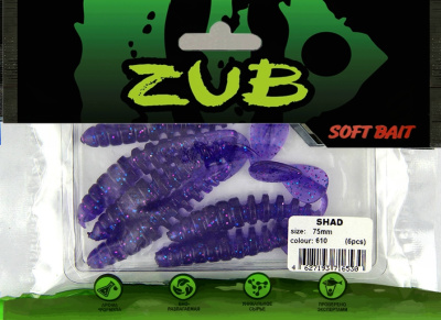 Приманка ZUB-SHAD  75мм(3")-6шт, (цвет 610) фиолетовый с блестками Приманка ZUB-SHAD  75мм(3")-6шт, (цвет 610) фиолетовый с блестками