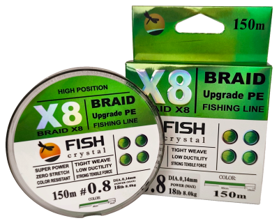 Плетёный шнур из 8-х нитей, FISH CRYSTAL NEON GREEN, # 0.8. Ø 0.14мм, 150м, 8.0кг