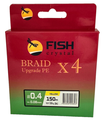 Плетёный шнур из 4-х нитей, FISH CRYSTAL жёлтый, 0.08мм, 150м, 3,6кг Плетёный шнур из 4-х нитей, FISH CRYSTAL жёлтый, 0.08мм, 150м, 3,6кг
