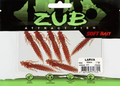 Приманка ZUB-LARVA  60мм(2,4")-7шт, (цвет 911) машинное масло с блестками