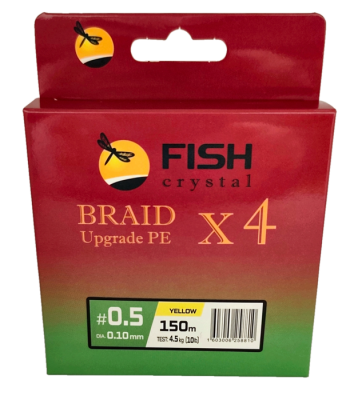 Плетёный шнур из 4-х нитей, FISH CRYSTAL жёлтый, 0.10мм, 150м, 4,5кг Плетёный шнур из 4-х нитей, FISH CRYSTAL жёлтый, 0.10мм, 150м, 4,5кг
