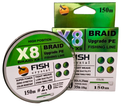 Плетёный шнур из 8-х нитей, FISH CRYSTAL NEON GREEN, # 2.0. Ø 0.25мм, 150м, 15.0кг