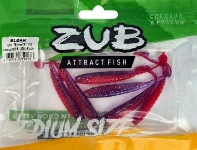 Приманка ZUB-BLEAK  75мм(3")-6шт, (цвет 021) фиолетовый верх - красный низ