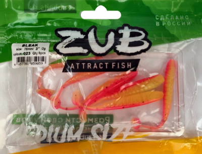 Приманка ZUB-BLEAK  75мм(3")-6шт, (цвет 023) розовый верх - желтый низ