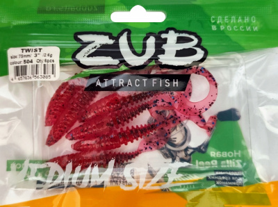 Приманка ZUB-TWIST  75мм(3")-6шт, (цвет 504) красный с блестками