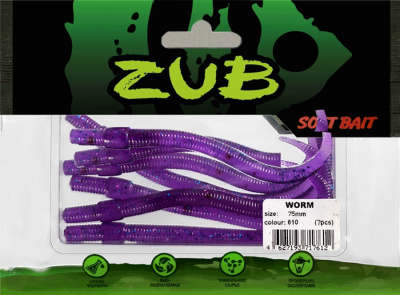 Приманка ZUB-WORM  75мм(3")-7шт, (цвет 610) фиолетовый с блестками