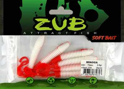 Приманка ZUB-MINOGA  75мм(3")-6шт, (цвет 010) белое тело-красный хвост