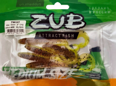 Приманка ZUB-TWIST  75мм(3")-6шт, (Цвет 409) машинное масло верх - желтый низ Приманка ZUB-TWIST  75мм(3")-6шт, (Цвет 409) машинное масло верх - желтый низ