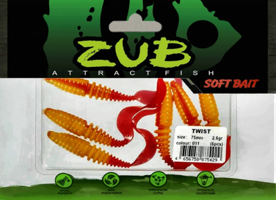 Приманка ZUB-TWIST  75мм(3")-6шт, (цвет 011) желтое тело-красный хвост Приманка ZUB-TWIST  75мм(3")-6шт, (цвет 011) желтое тело-красный хвост
