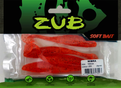Приманка ZUB-WIBRA 100мм(4")-4шт, (цвет 250) морковный с блестками