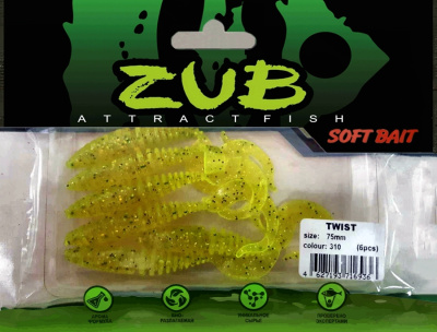 Приманка ZUB-TWIST  75мм(3")-6шт, (цвет 310) желтый с блестками Приманка ZUB-TWIST  75мм(3")-6шт, (цвет 310) желтый с блестками