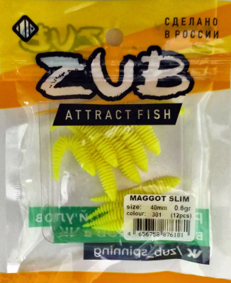 Приманка ZUB-MAGGOT SLIM 40мм(1,5")-12шт, (цвет 301) желтый Приманка ZUB-MAGGOT SLIM 40мм(1,5")-12шт, (цвет 301) желтый