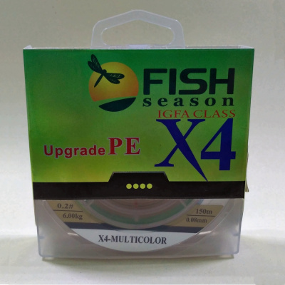 Плетёный шнур из 4-х нитей, 5-ти цветный, 0.08мм, 150м, 6кг