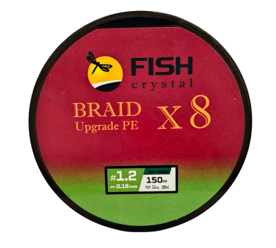 Плетёный шнур из 8-ми нитей, FISH CRYSTAL зелёный, 0.18мм, 150м, 11кг