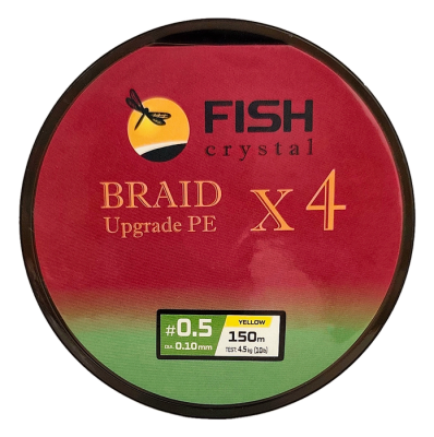 Плетёный шнур из 4-х нитей, FISH CRYSTAL жёлтый, 0.10мм, 150м, 4,5кг Плетёный шнур из 4-х нитей, FISH CRYSTAL жёлтый, 0.10мм, 150м, 4,5кг