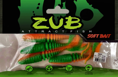 Приманка ZUB-TWIST 150мм(5,9")-4шт, (цвет 022) зеленый верх -оранжевый низ Приманка ZUB-TWIST 150мм(5,9")-4шт, (цвет 022) зеленый верх -оранжевый низ