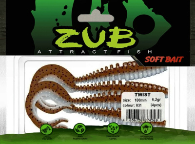 Приманка ZUB-TWIST 100мм(4")-4шт, (цвет 031) карамель верх-натурал низ