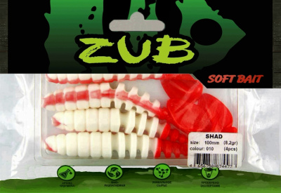 Приманка ZUB-SHAD 100мм(4")-4шт, (цвет 010) белое тело - красный хвост Приманка ZUB-SHAD 100мм(4")-4шт, (цвет 010) белое тело - красный хвост