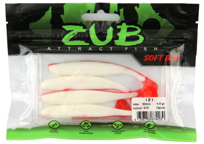 Приманка ZUB-IZI  99мм(4")-4шт, (цвет 010) белое тело - красный хвост Приманка ZUB-IZI  99мм(4")-4шт, (цвет 010) белое тело - красный хвост