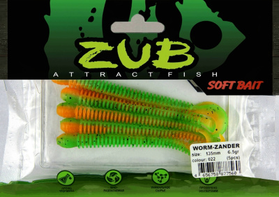 Приманка ZUB-WORM-ZANDER 135мм(5,3")-5шт, (цвет 022) зеленый верх -оранжевый низ Приманка ZUB-WORM-ZANDER 135мм(5,3")-5шт, (цвет 022) зеленый верх -оранжевый низ