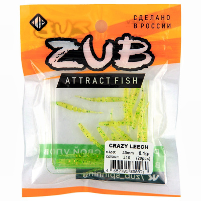 Приманка ZUB-CRAZY LEECH 30мм(1,2")-20шт, (цвет 310) желтый с блестками