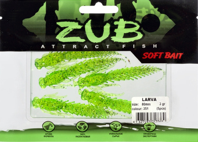 Приманка ZUB-LARVA  80мм(3,2")-5шт, (цвет 351) шартрез с блестками Приманка ZUB-LARVA  80мм(3,2")-5шт, (цвет 351) шартрез с блестками