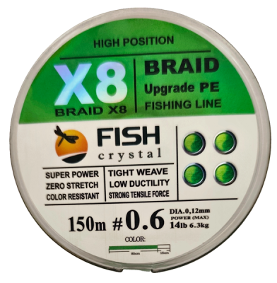 Плетёный шнур из 8-х нитей, FISH CRYSTAL NEON GREEN, # 0.6. Ø 0.12мм, 150м, 6,3кг
