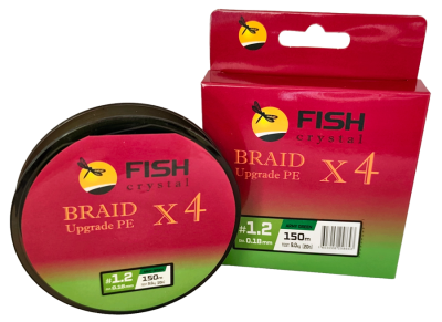 Плетёный шнур из 4-х нитей, FISH CRYSTAL зелёный, 0.18мм, 150м, 9кг
