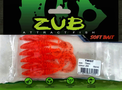 Приманка ZUB-TWIST  75мм(3")-6шт, (цвет 250) морковный с блестками Приманка ZUB-TWIST  75мм(3")-6шт, (цвет 250) морковный с блестками