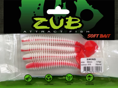 Приманка ZUB-SWING  99мм(4")-4шт, (цвет 010) белое тело-красный хвост