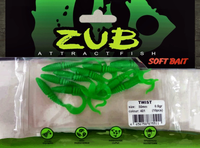Приманка ZUB-TWIST  50мм(2")-10шт, (цвет 401) зеленый