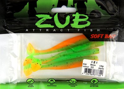 Приманка ZUB-IZI  99мм(4")-4шт, (цвет 022) зеленый верх - оранжевый низ Приманка ZUB-IZI  99мм(4")-4шт, (цвет 022) зеленый верх - оранжевый низ
