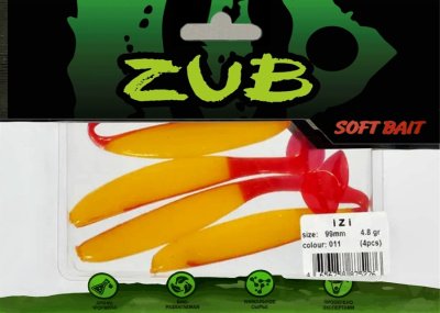 Приманка ZUB-IZI  99мм(4")-4шт, (цвет 011) желтое тело - красный хвост