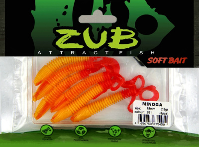 Приманка ZUB-MINOGA  75мм(3")-6шт, (цвет 011) желтое тело-красный хвост