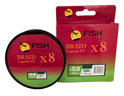 Плетёный шнур из 8-ми нитей, FISH CRYSTAL зелёный, 0.14мм, 150м, 8 кг