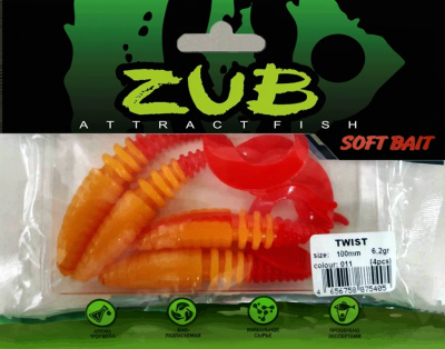 Приманка ZUB-TWIST 100мм(4")-4шт, (цвет 011) желтое тело-красный хвост