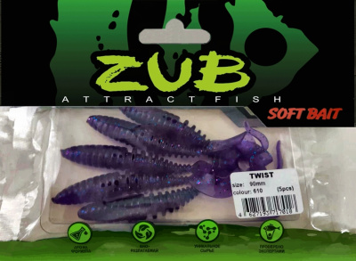Приманка ZUB-TWIST  90мм(3,5")-5шт, (цвет 610) фиолетовый с блестками