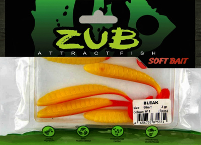 Приманка ZUB-BLEAK  90мм(3,5")-5шт, (цвет 011) желтое тело - красный хвост