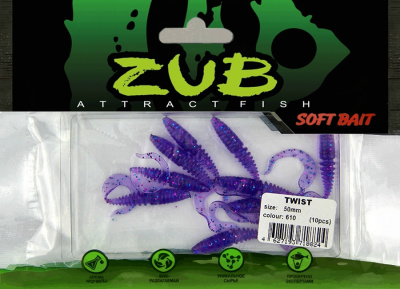 Приманка ZUB-TWIST  50мм(2")-10шт, (цвет 610) фиолетовый с блестками Приманка ZUB-TWIST  50мм(2")-10шт, (цвет 610) фиолетовый с блестками
