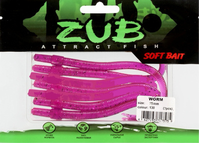 Приманка ZUB-WORM  75мм(3")-7шт, (цвет 130) маджента с блестками Приманка ZUB-WORM  75мм(3")-7шт, (цвет 130) маджента с блестками