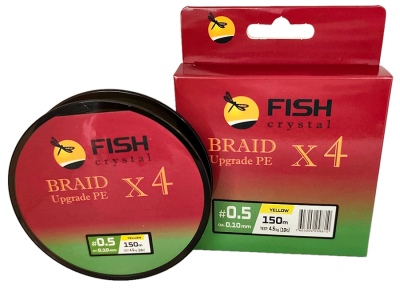 Плетёный шнур из 4-х нитей, FISH CRYSTAL жёлтый, 0.10мм, 150м, 4,5кг Плетёный шнур из 4-х нитей, FISH CRYSTAL жёлтый, 0.10мм, 150м, 4,5кг
