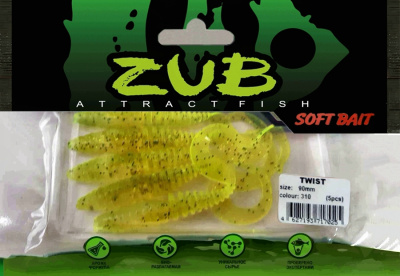 Приманка ZUB-TWIST  90мм(3,5")-5шт, (цвет 310) желтый с блестками Приманка ZUB-TWIST  90мм(3,5")-5шт, (цвет 310) желтый с блестками