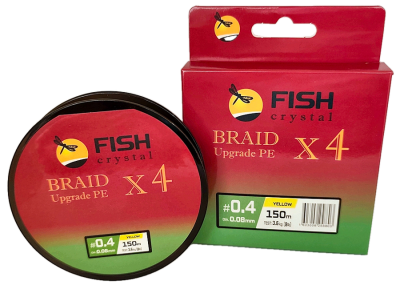 Плетёный шнур из 4-х нитей, FISH CRYSTAL жёлтый, 0.08мм, 150м, 3,6кг Плетёный шнур из 4-х нитей, FISH CRYSTAL жёлтый, 0.08мм, 150м, 3,6кг